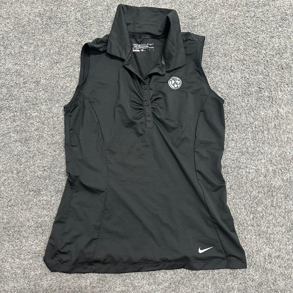 Nike Polo Womens Size M Black Dri-Fit Sleeveless Ruched Golf Shirt Performance